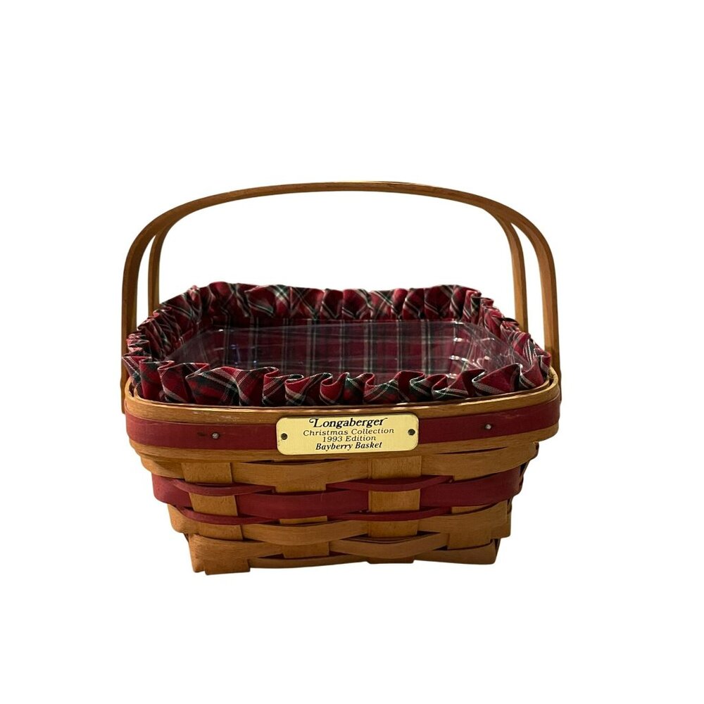 Vintage 1993 Christmas Collection Longaberger Bayberry Basket Plaid Fabric Plast